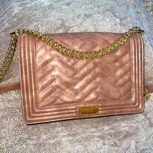 BCBG Gold Chain Quilted Faux Suede Metallic Tan Bronze Shoulder Bag Handbag